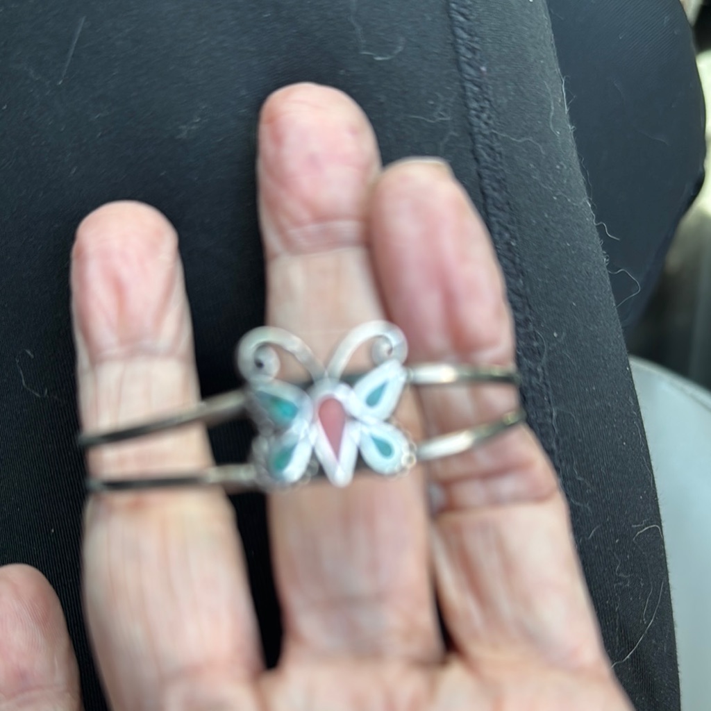 Sterling Silver Butterfly Bracelet With Inlaid Coral And Turquoise